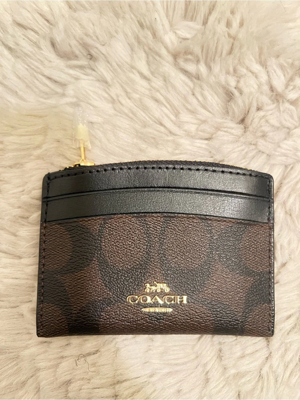 Coach Brown and Black Signature Card Holder with Gold Logo